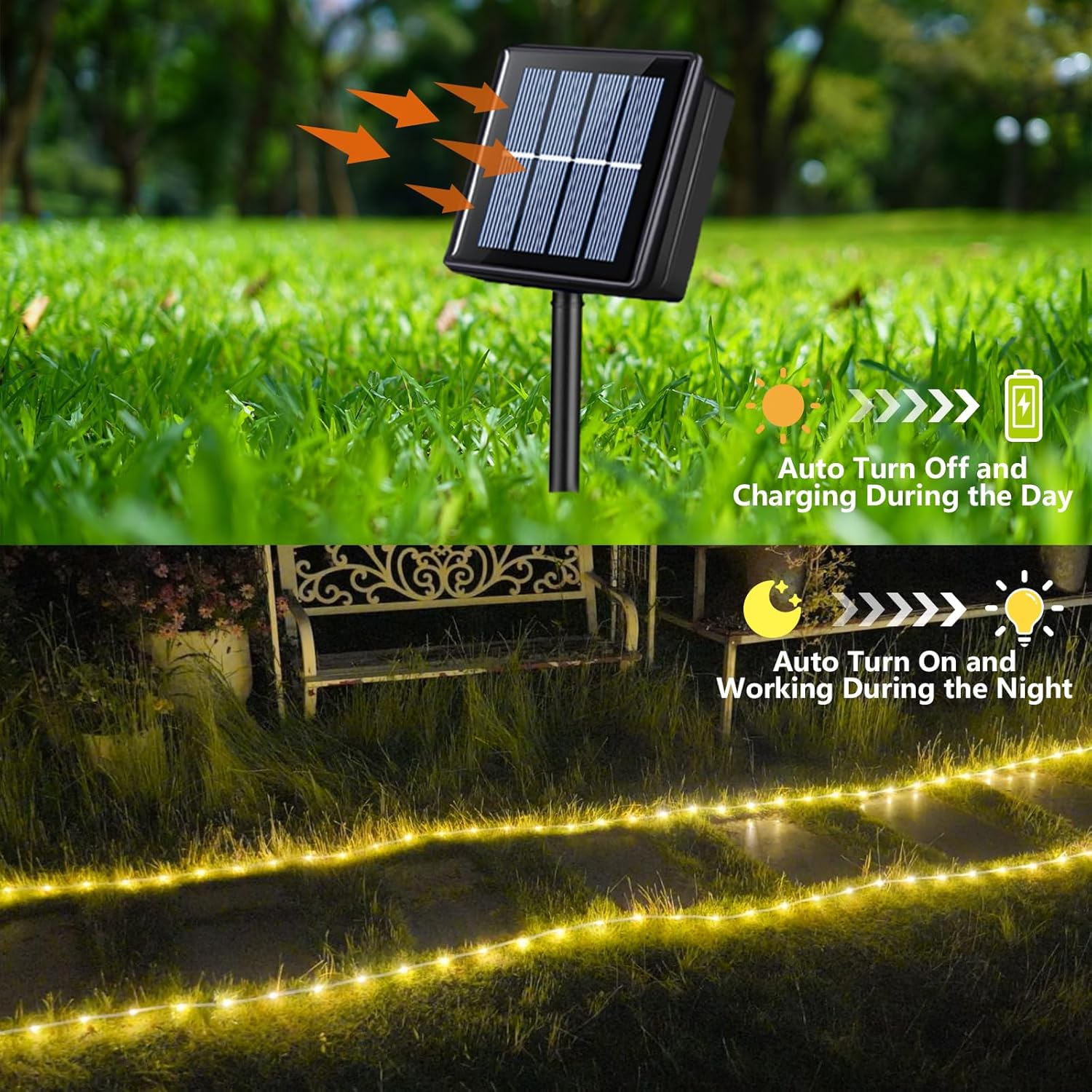 YEGUO 2 Packs Each 33ft 100 LED Solar Rope Lights Outdoor Waterproof, Warm White String Lights for