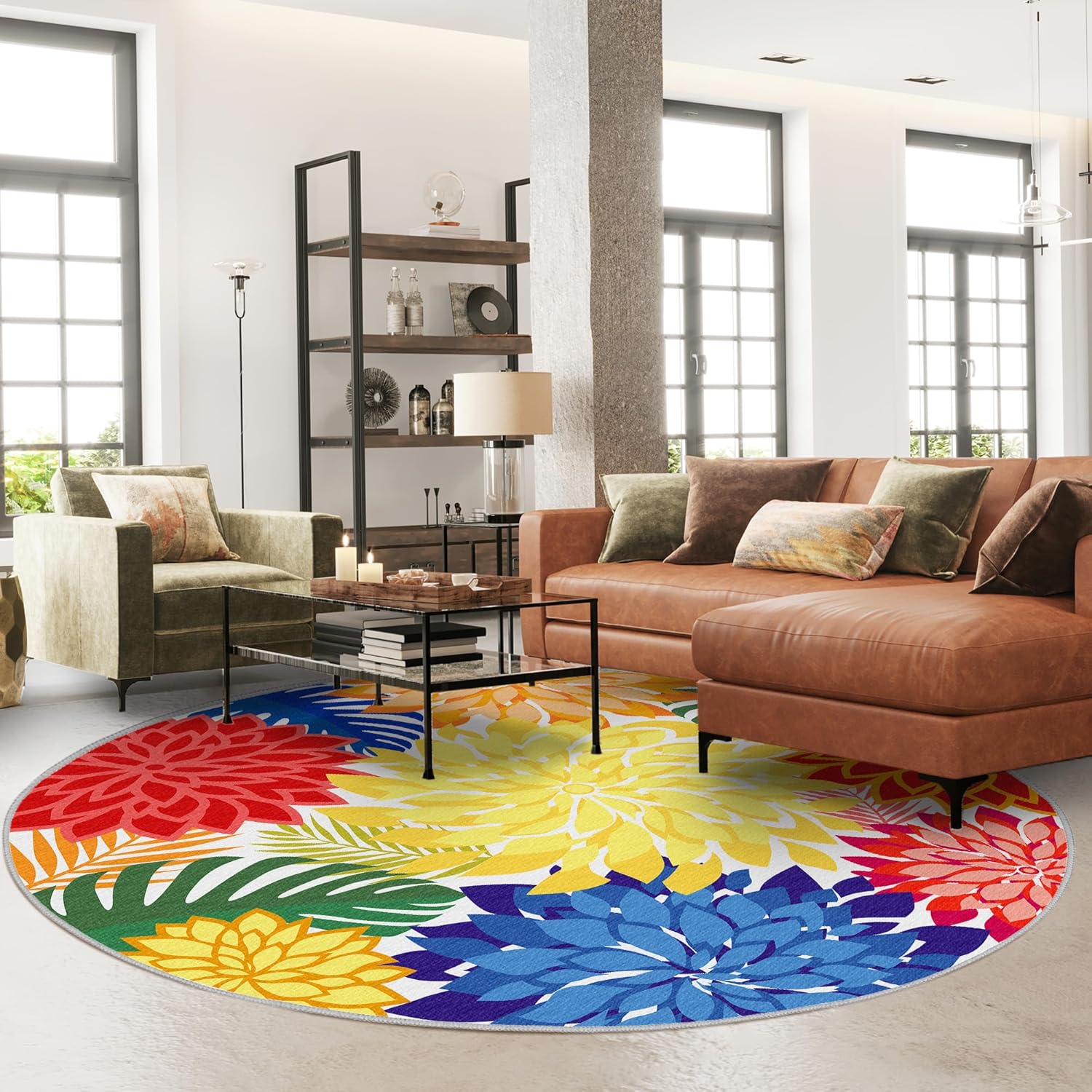 Indoor Outdoor 6FT Round Area Rug Washable Rugs Multicolored Patio Rug Tropical Botanical Modern