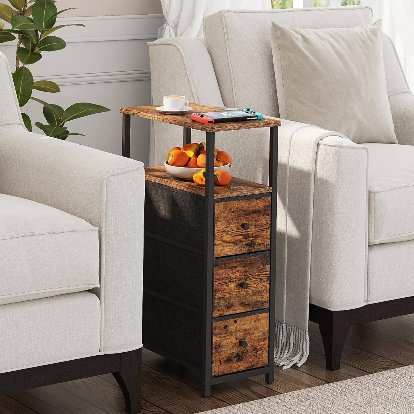 TUTOTAK Narrow Night Stand, Slim End Table, Tall Side Table with 3 Fabric Drawer, Small Bedside
