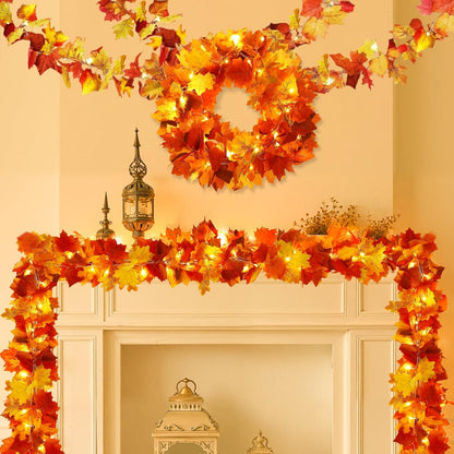 Joyhalo 4 Pack Fall Garland with Lights, Fall Leaves for Mantle, Outdoor Lighted Up Leaf Garland