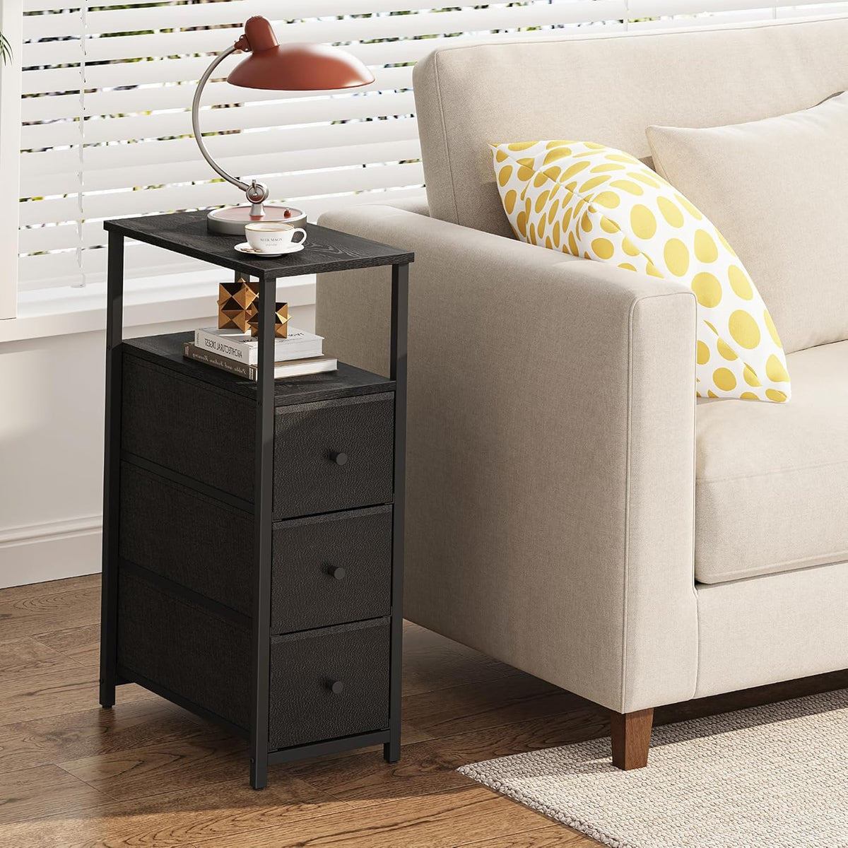 TUTOTAK Narrow Night Stand, Slim End Table, Tall Side Table with 3 Fabric Drawer, Small Bedside
