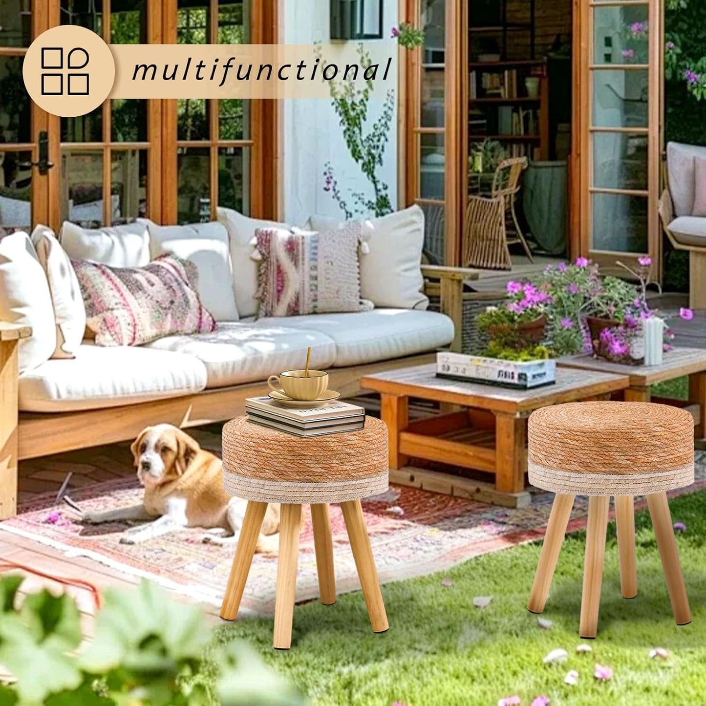 Handwoven Outdoor Ottoman, Water Hyacinth Pouf Round Patio Footstool with Wood Legs, 17-Inch