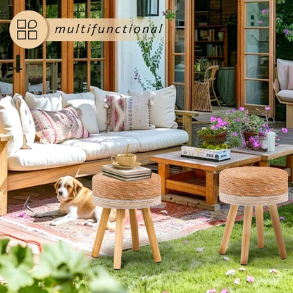 Handwoven Outdoor Ottoman, Water Hyacinth Pouf Round Patio Footstool with Wood Legs, 17-Inch