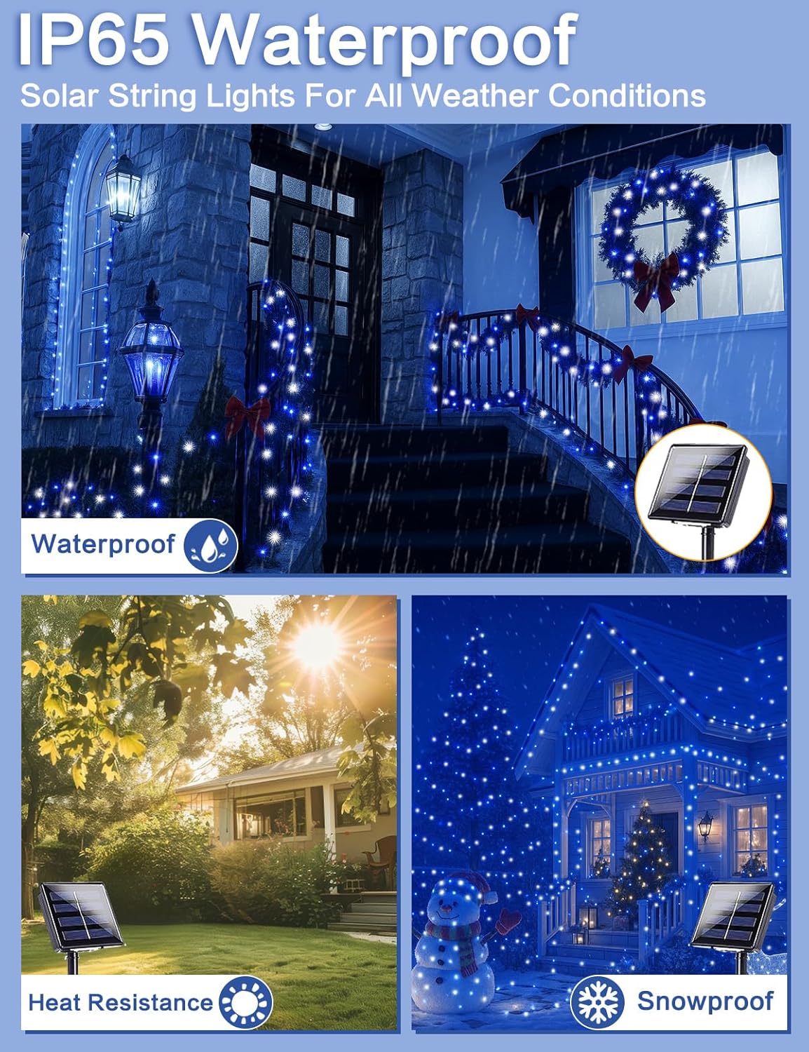 2 Pack Blue and White Solar String Lights Outdoor, 80FT 200 LED Waterproof Silver Wire Fairy Light