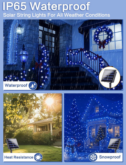 2 Pack Blue and White Solar String Lights Outdoor, 80FT 200 LED Waterproof Silver Wire Fairy Light