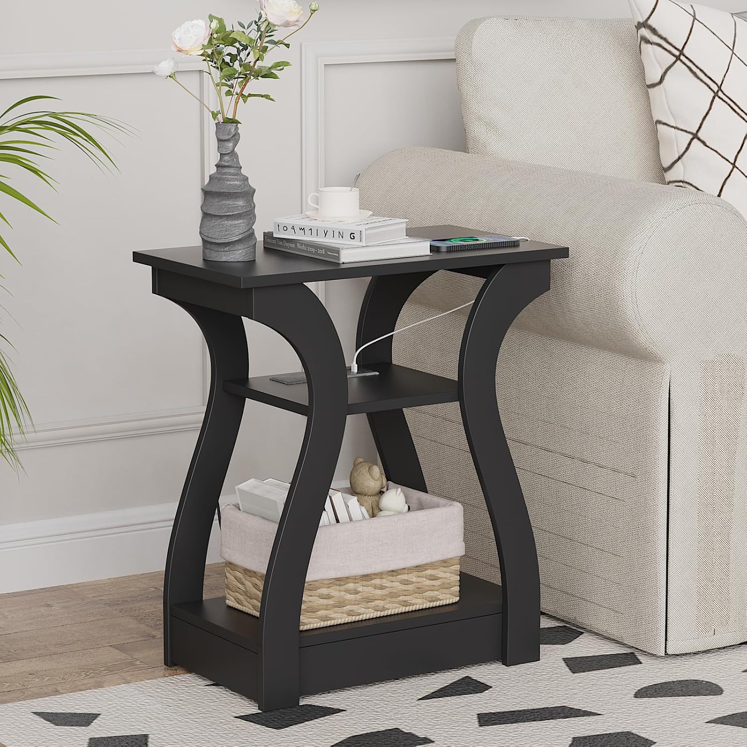 End Table with Charging Station, Side Table with USB Ports and Outlets, Nightstand, 3 Tier End