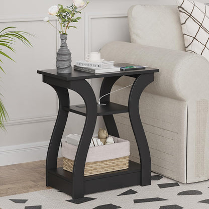 End Table with Charging Station, Side Table with USB Ports and Outlets, Nightstand, 3 Tier End