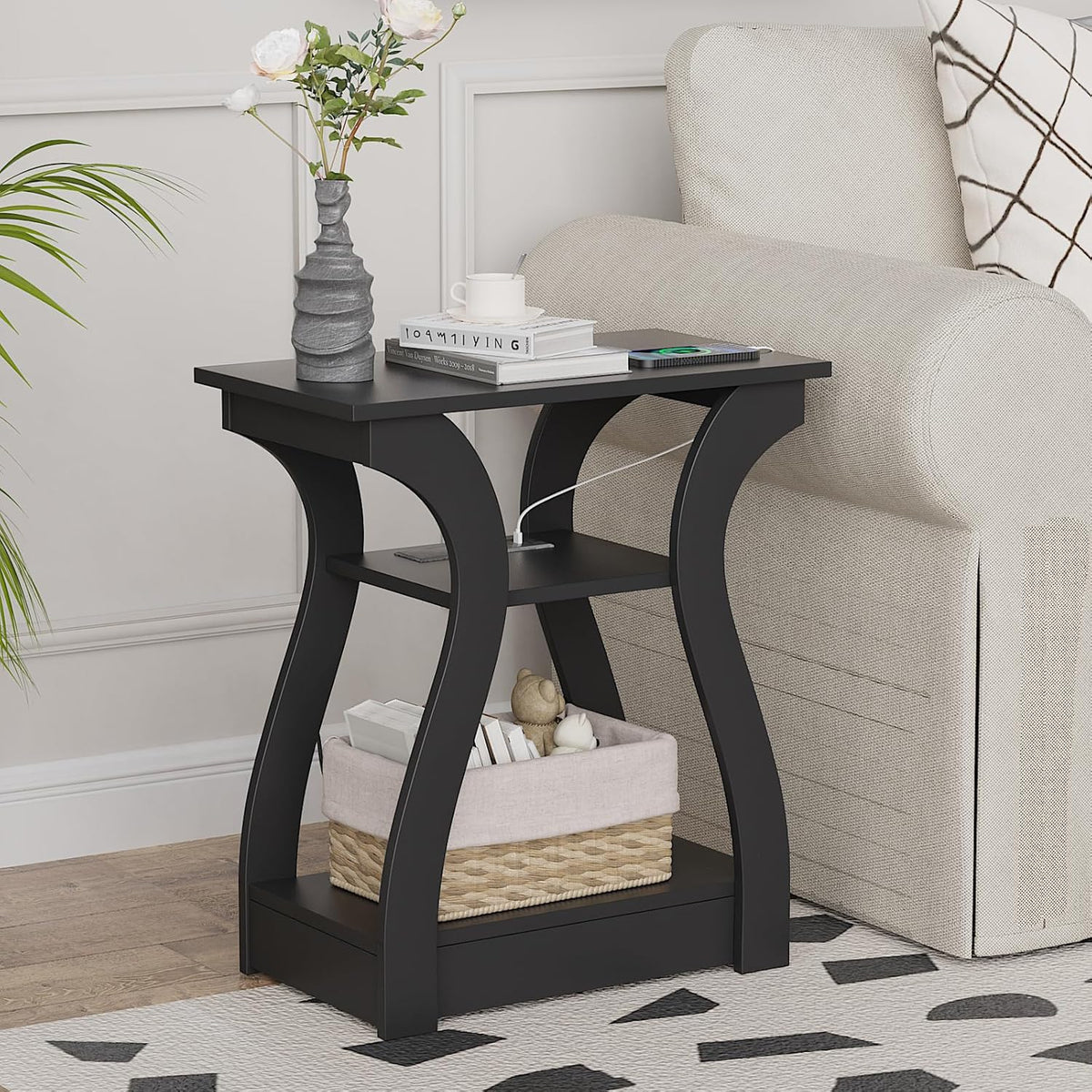 Black End Table Set of 2 with Charging Station, Side Table with USB Ports and Outlets, Black