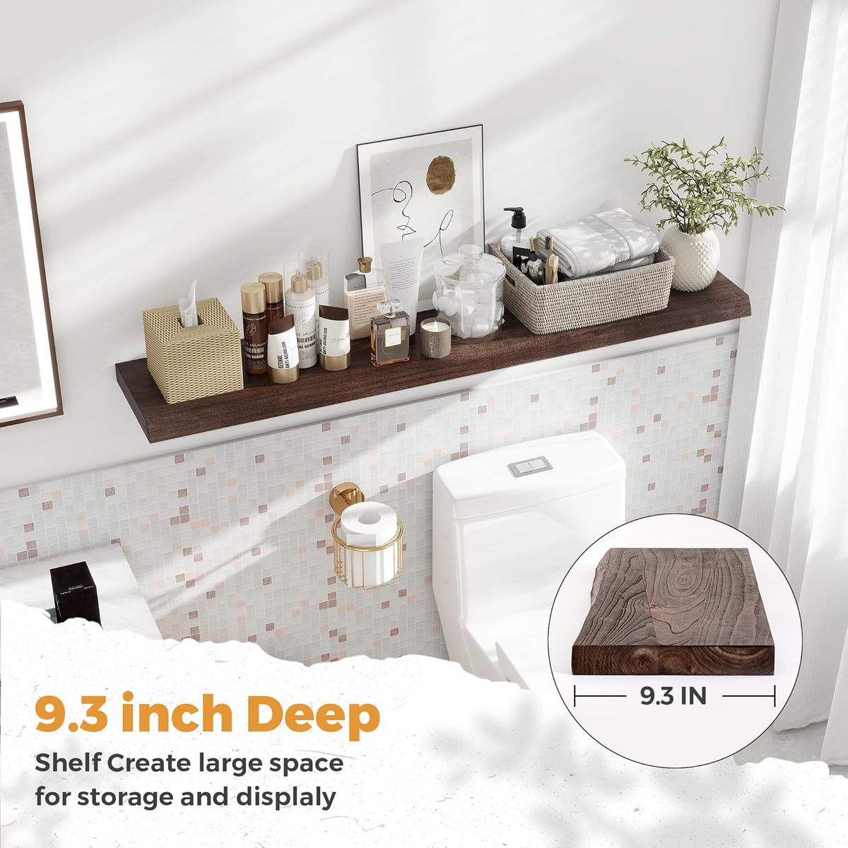 RICHFOCUS Live Edge Elm Floating Shelves - 48" W x 9.3" D Rustic Solid Wood Wall Shelves with