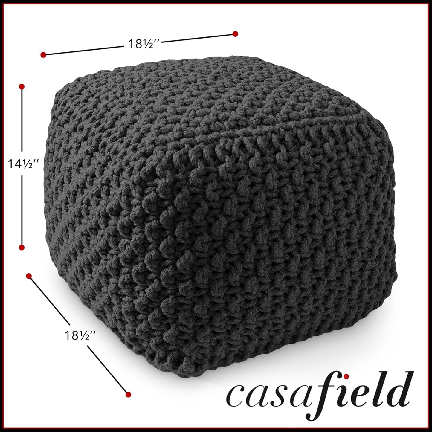 Casafield Square Pouf Ottoman, Black - 18.5" W x 18.5" D x 14.5" H Cotton Knit Foot Stool - Boho