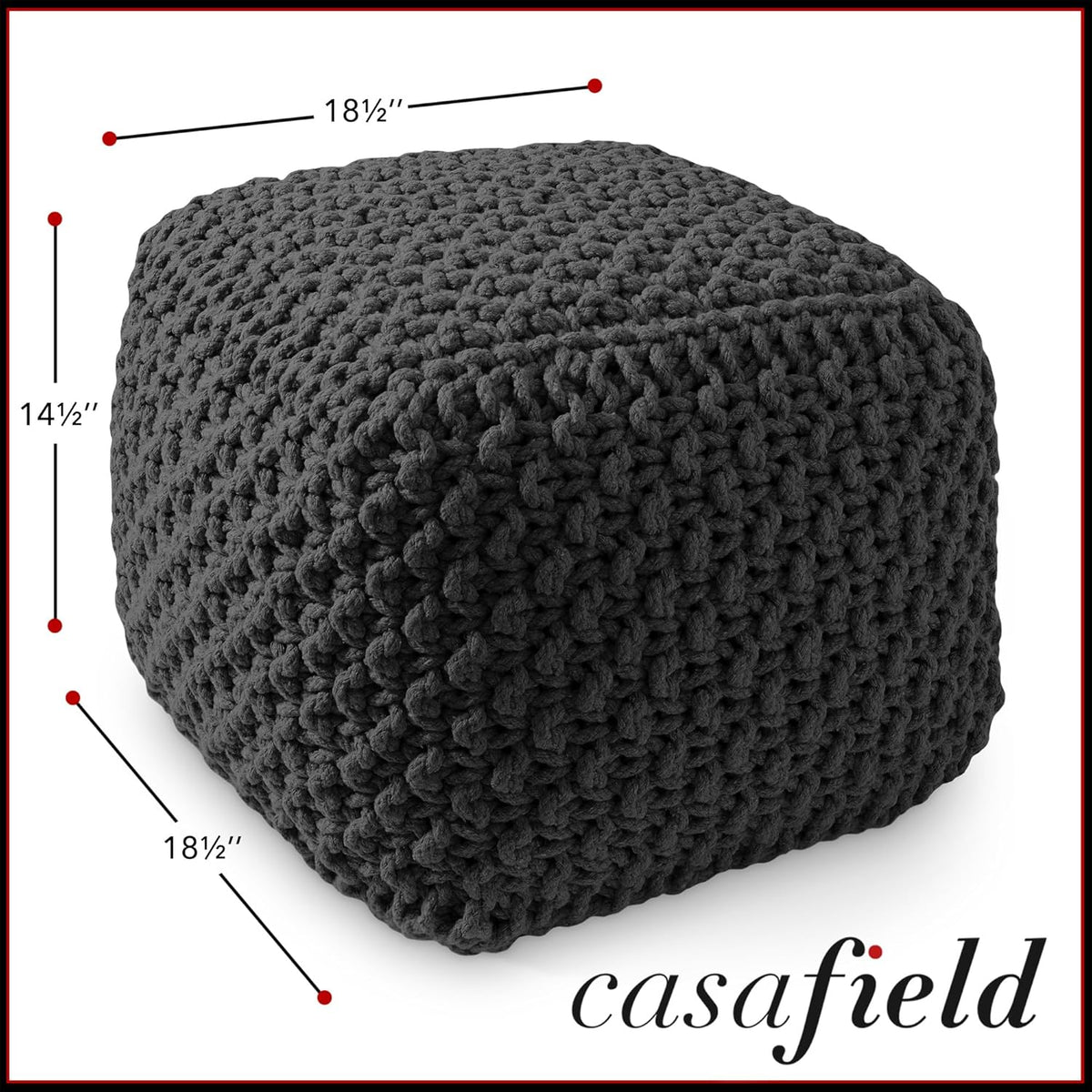 Casafield Square Pouf Ottoman, Black - 18.5" W x 18.5" D x 14.5" H Cotton Knit Foot Stool - Boho