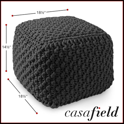 Casafield Square Pouf Ottoman, Black - 18.5" W x 18.5" D x 14.5" H Cotton Knit Foot Stool - Boho