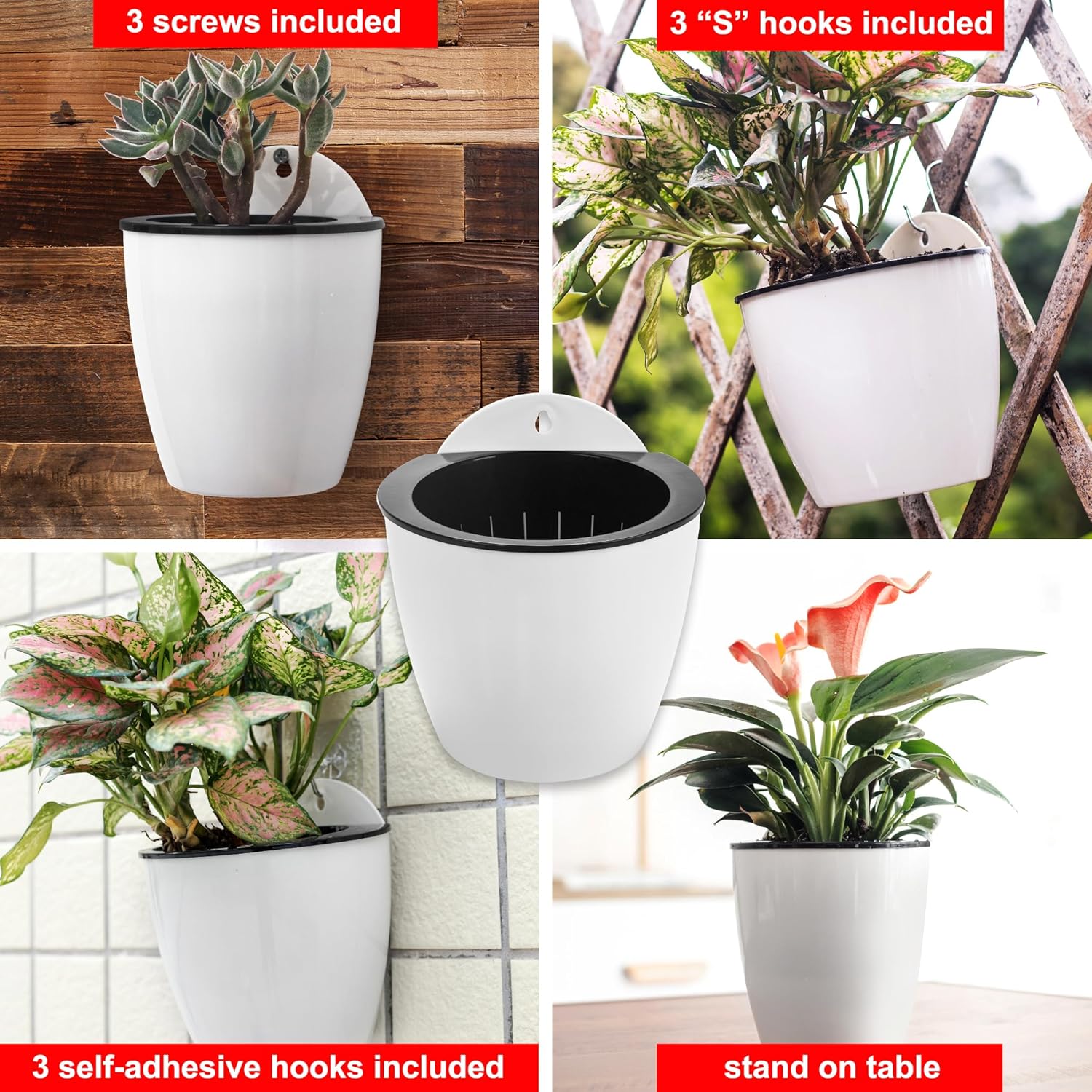 3 Pack Self Watering Wall Hanging Planter Pots Vertical Garden Window Hang Mount Indoor Outdoor