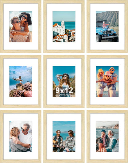 Vittanly 9x12 Picture Frames Set of 9, Shatter Resistant Plexiglass, Display 6x8 Pictures with Mat
