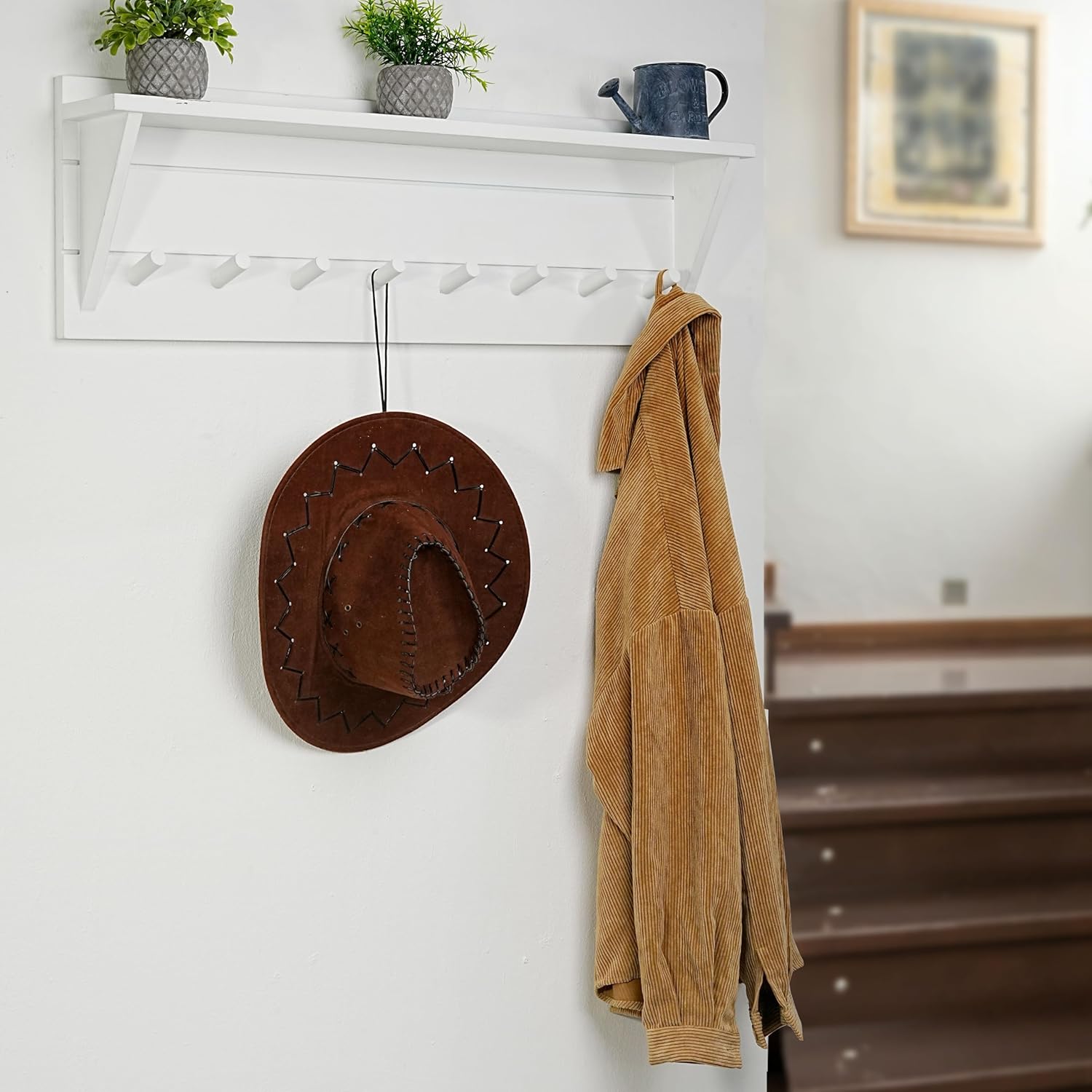 WEBI Coat Rack Wall Mount with Shelf,8 Peg Hooks,34" Long Entryway Wall Shelf with Hooks Underneath