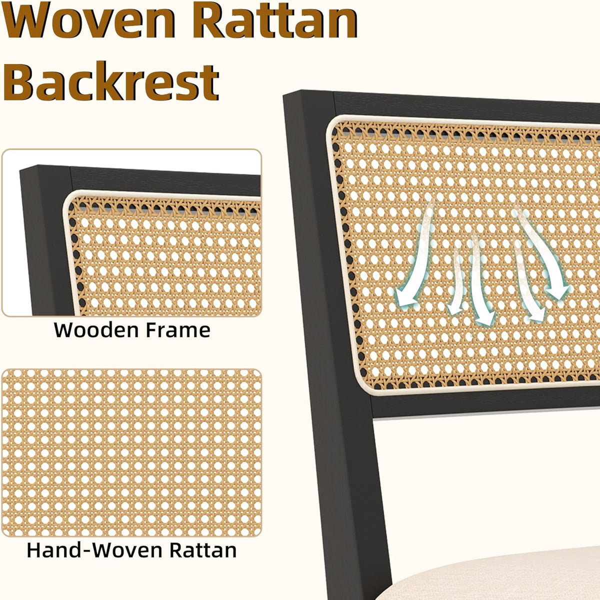 Westice Rattan Dining Chairs Set of 4, Farmhouse Natural Dining Room Chairs with Upholstered