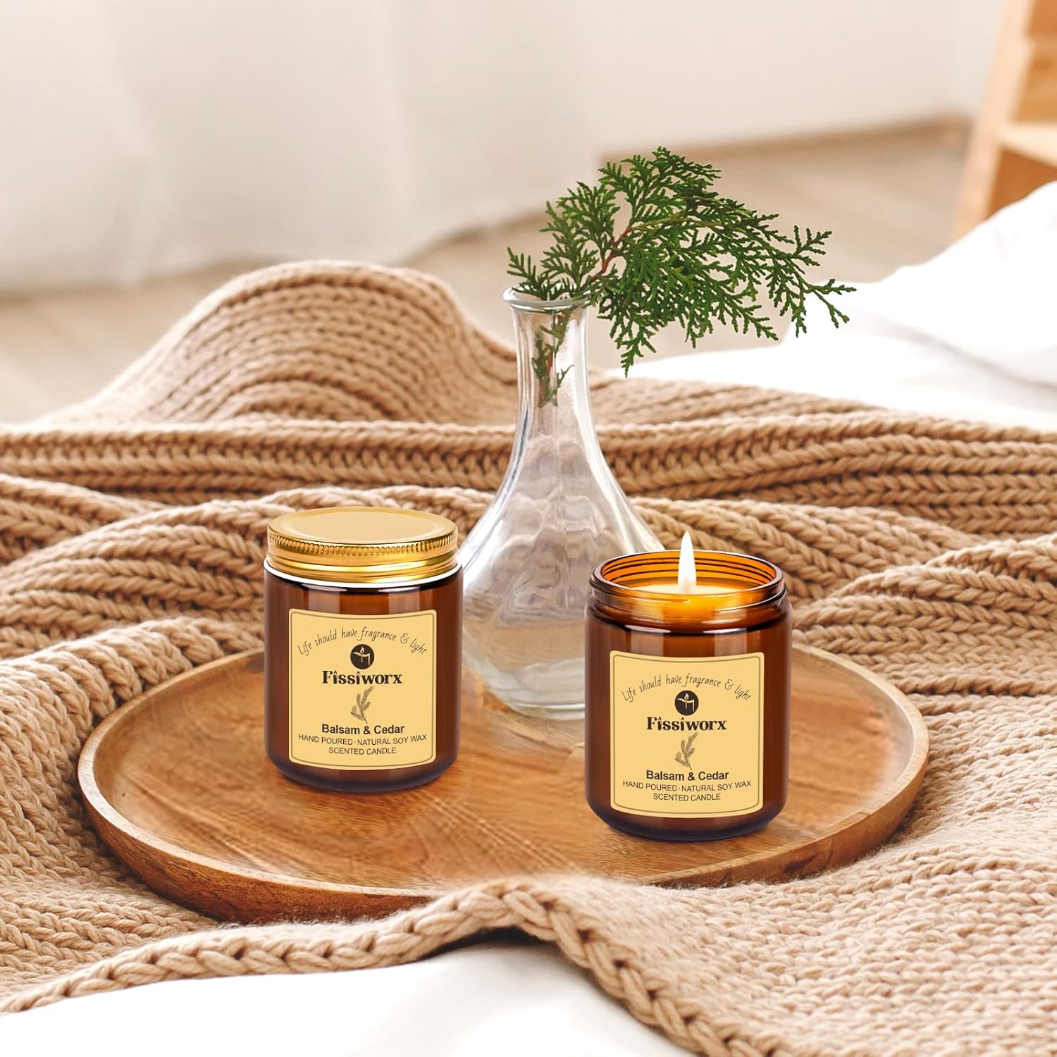 Balsam & Cedar Scented Candle Set 2 Pack – Natural Soy Wax Hand-Poured – Relax and Relieve Stress