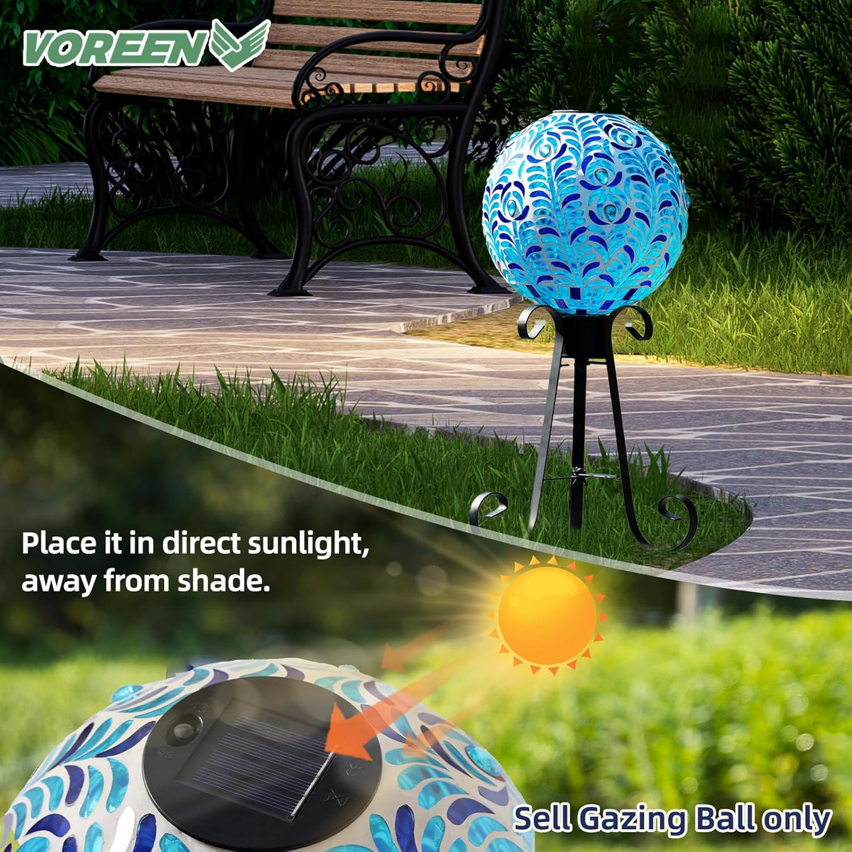 VOREEN Solar Gazing Ball, 10" Mosaic Glass Gazing Globe with Solar Light, Handmade Outdoor Yard