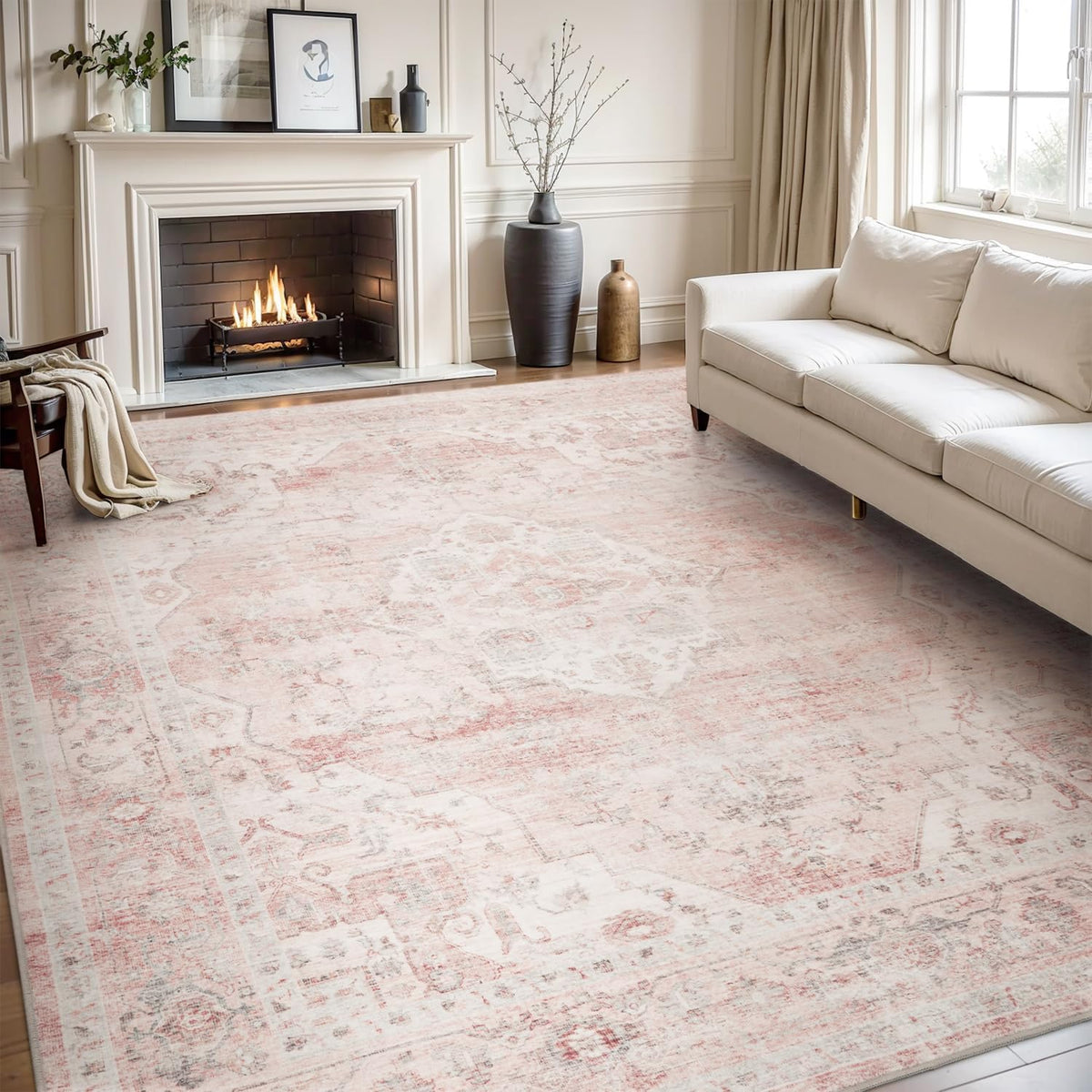 AMOAMI-Area Rug 8X10 Rugs for Living Room-Vintage Soft Pink Rugs for Bedroom-Non Slip