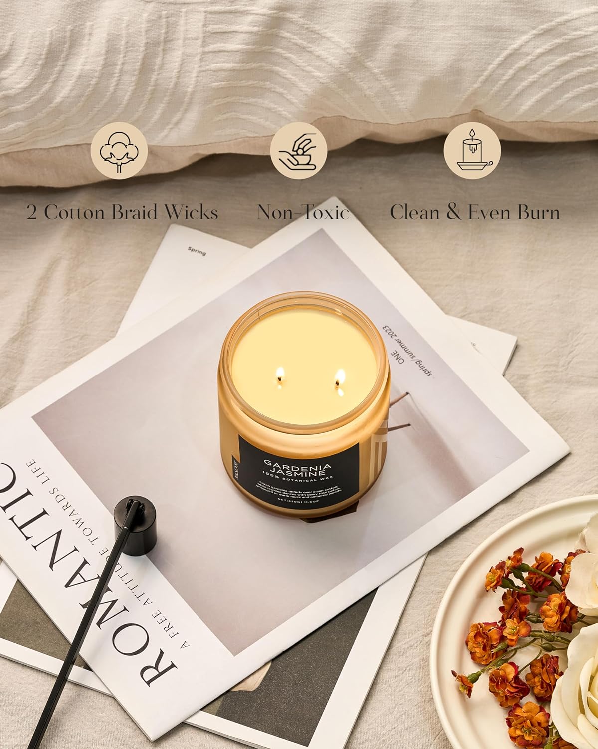 M&SENSE Gardenia Jasmine Scented Candle - 11.6oz Natural Soy Wax Clean Non Toxic 70-Hour Burn