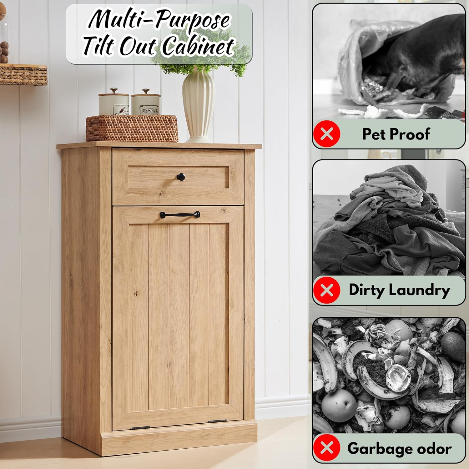 Tilt Out Laundry Hamper Cabinet, 10 Gallon Farmhouse Trash Can Cabinet with Drawer, Hidden Wood