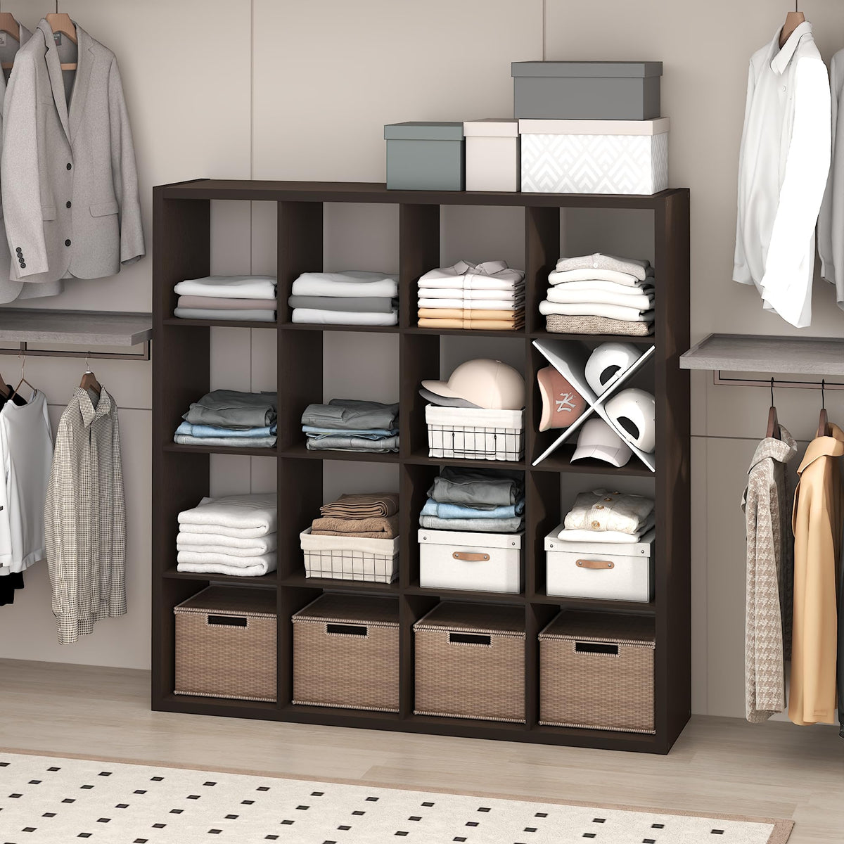 Furinno Cubic Extra Thick 16-Cube Closet Organizers and Storage, Dark Oak