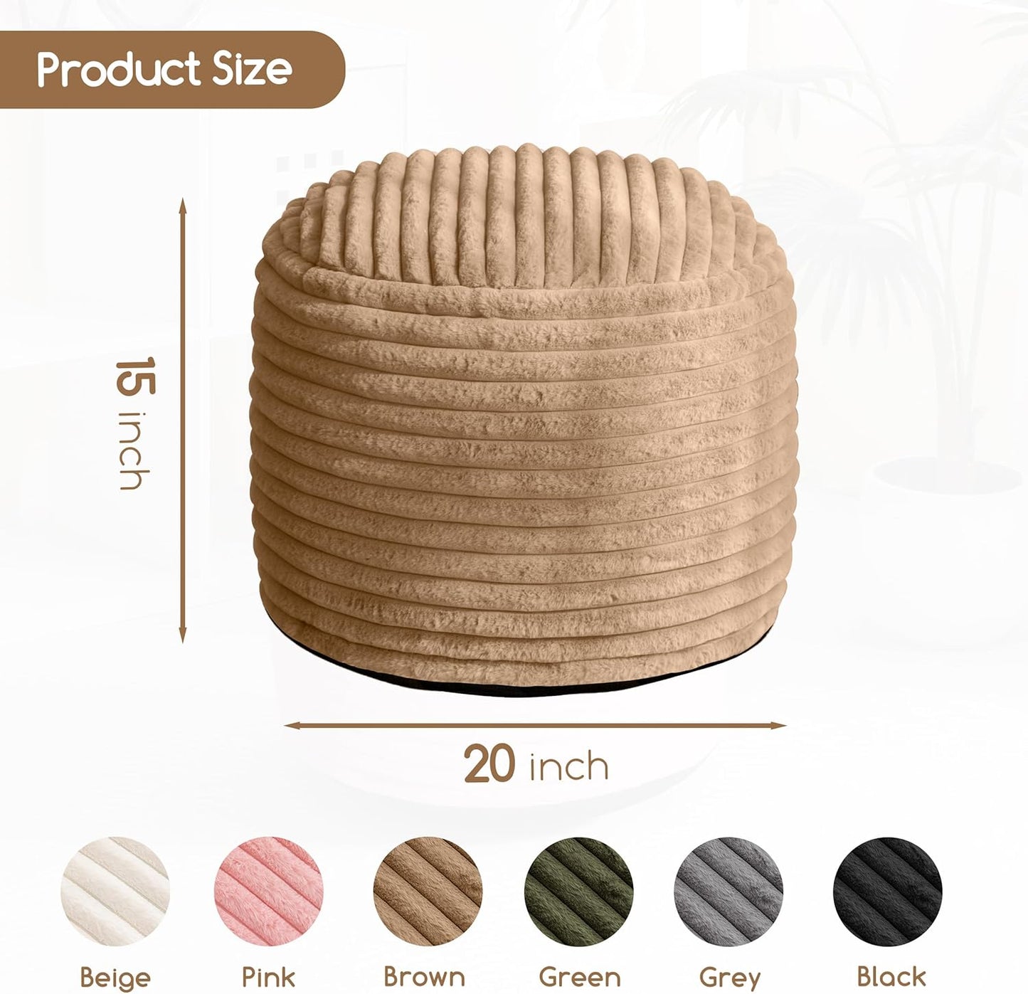 HIGOGOGO Round Stuffed Pouf Ottoman, Corduroy Poufs with High-Density Foam Filling, Furry and