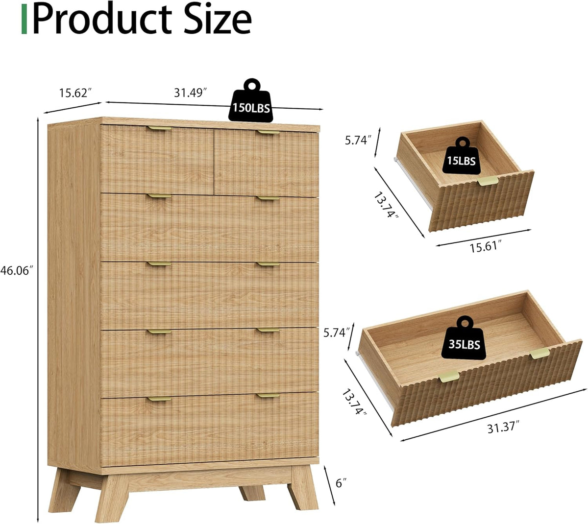 Fluted Dresser for Bedroom with 6 Drawers, 46" Tall Modern Chest of Drawers with Metal Handle