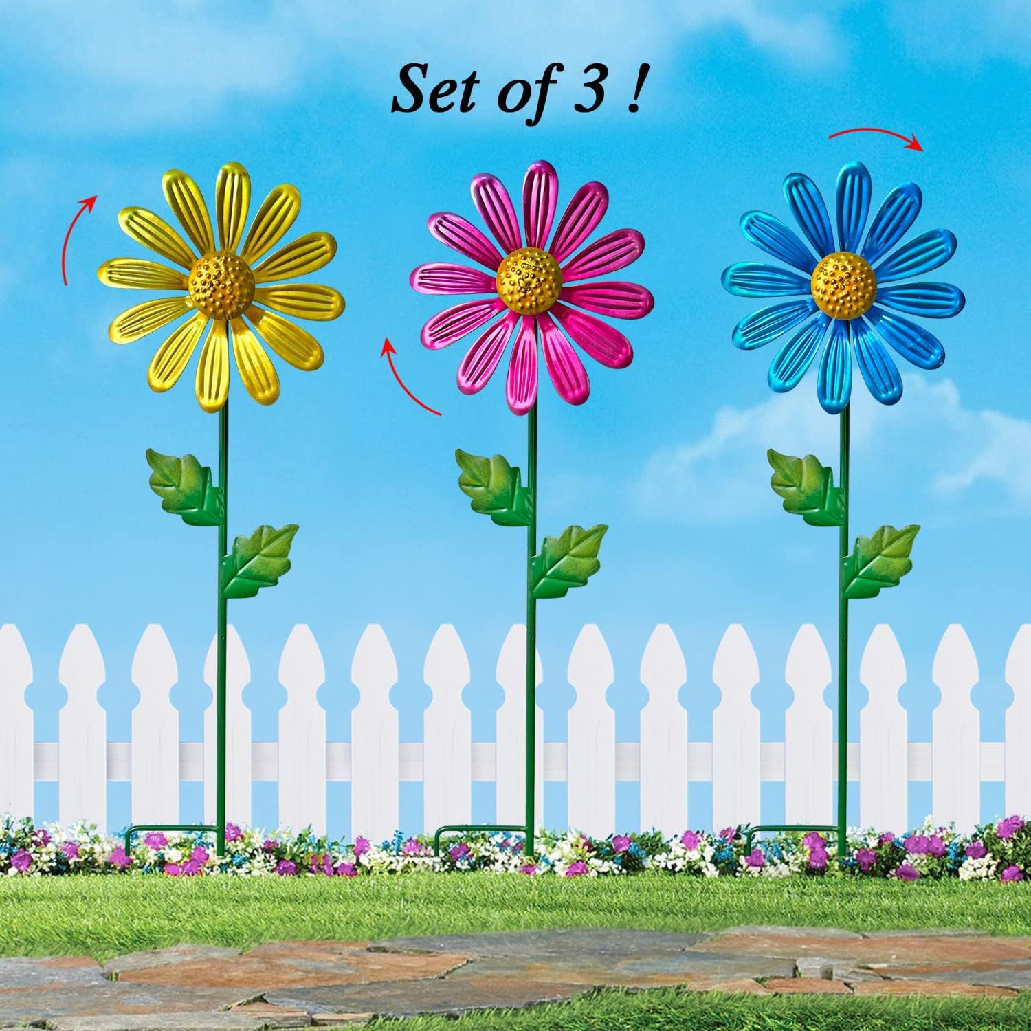 WAIU Metal Daisy Garden Stakes, Wind Catcher Spinner Garden Stakes, Garden Windmill Stakes Outdoor