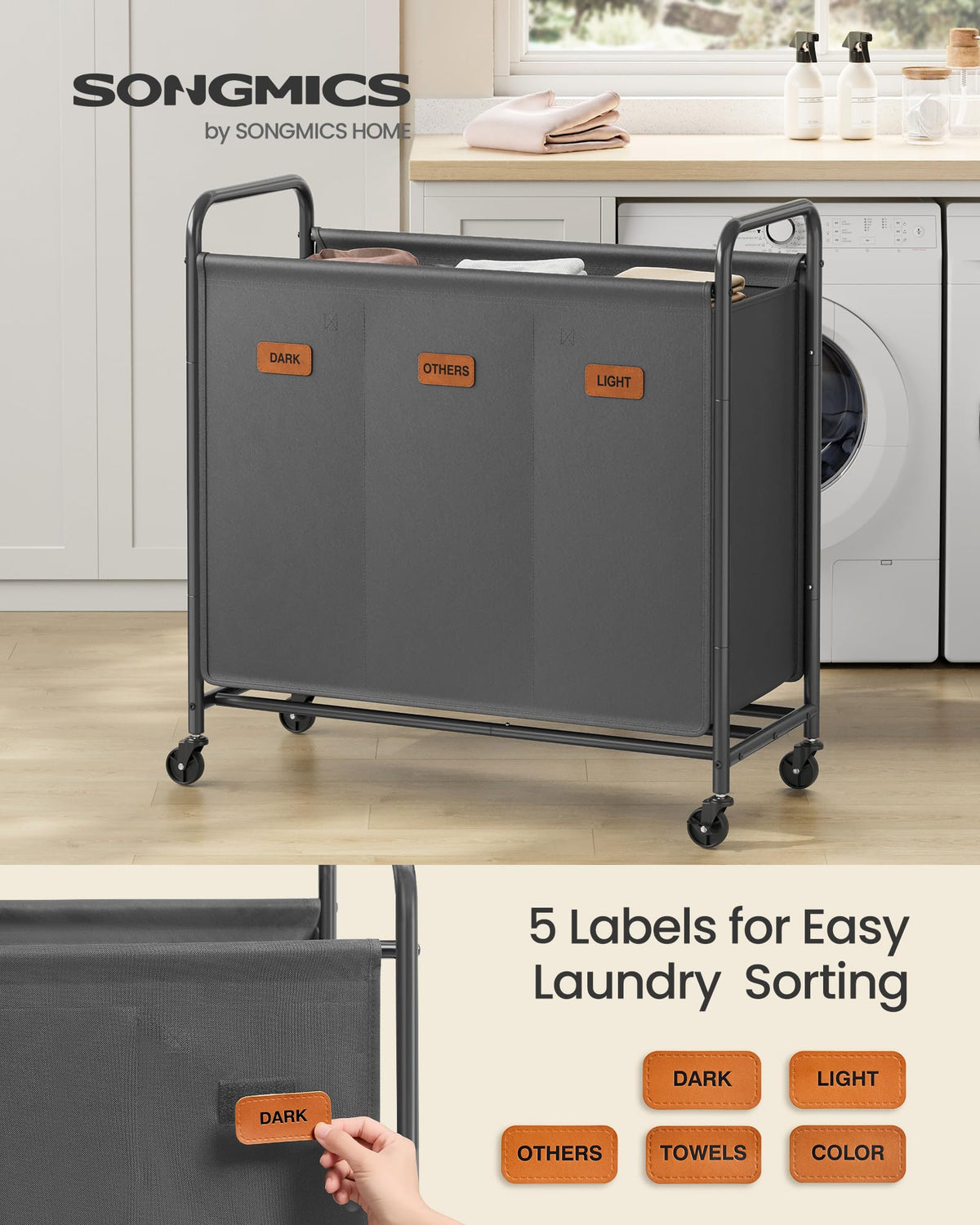 SONGMICS 3-Section Laundry Sorter, Laundry Hamper with Wheels, Rolling Clothes Hamper Cart with