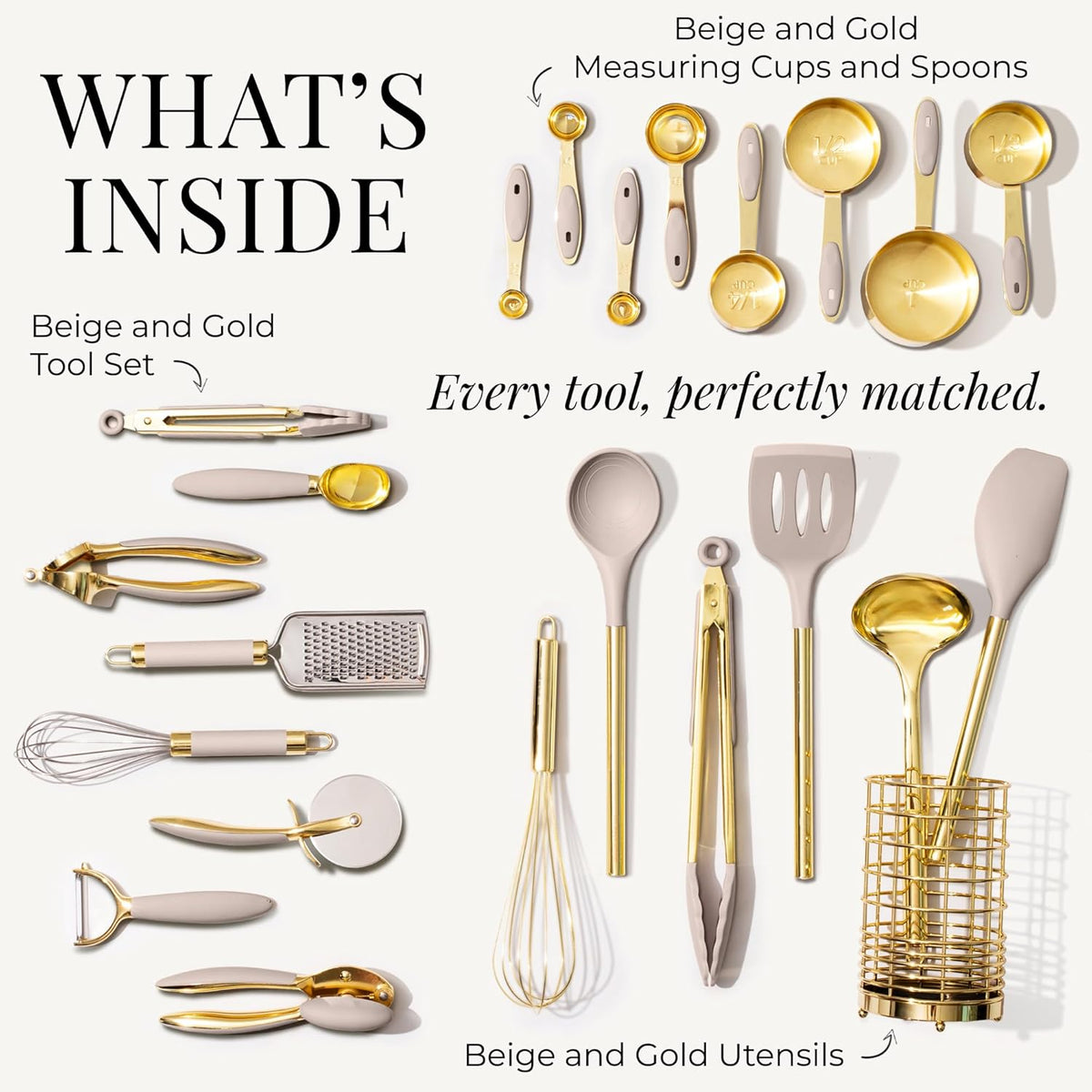 Styled Settings 23-Piece Beige and Gold Utensils Set – Silicone Nonstick Cooking Tools with Garlic