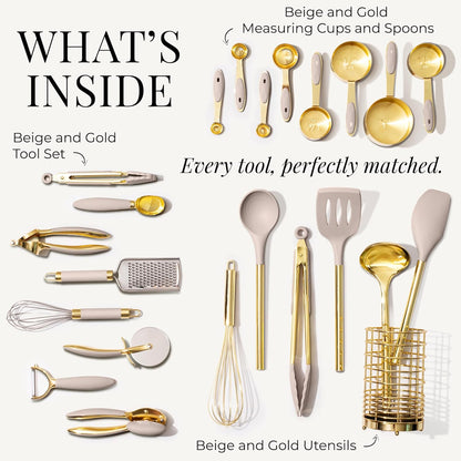 Styled Settings 23-Piece Beige and Gold Utensils Set – Silicone Nonstick Cooking Tools with Garlic