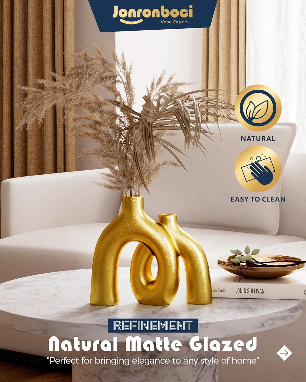 Hug Donut Decorative Vase Set - Golden Modern Classic Transitional Style Vases Home Decor, Matte