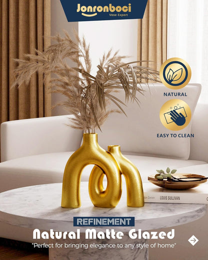 Hug Donut Decorative Vase Set - Golden Modern Classic Transitional Style Vases Home Decor, Matte
