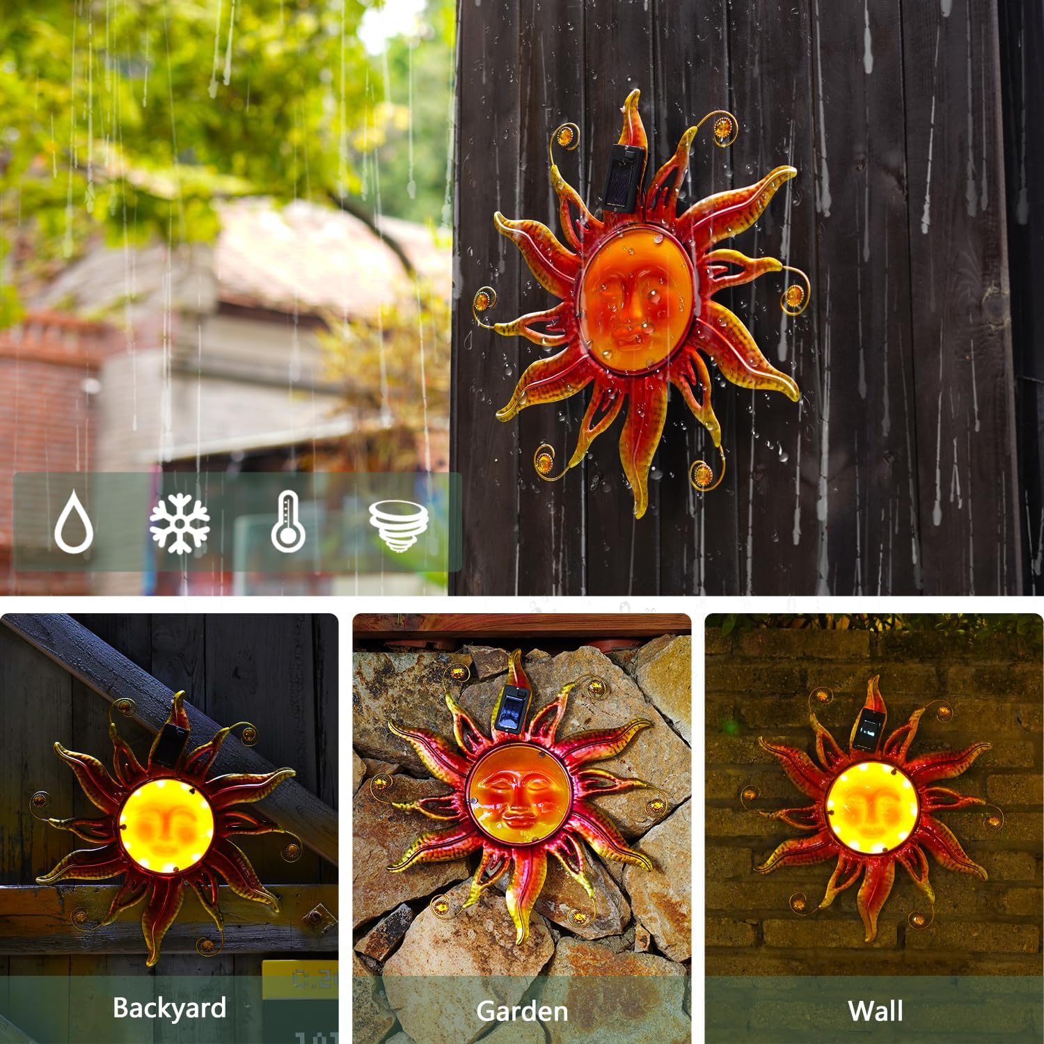 Goodeco Solar Sun Face Wall Art – Metal Outdoor Wall Decor with Solar LED Lights for Garden & Patio