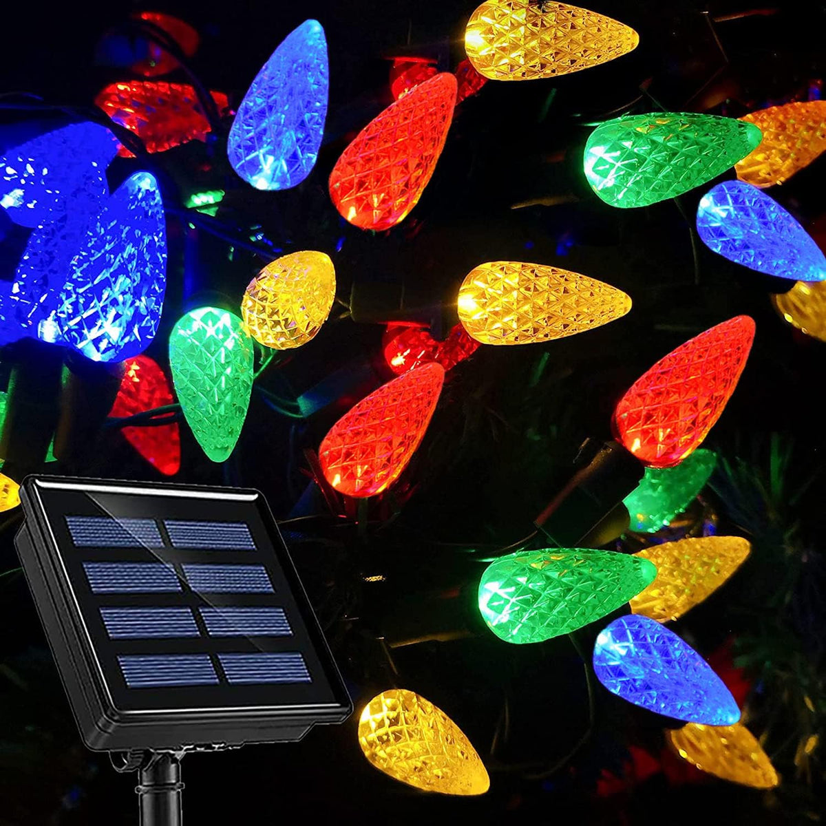 HUGSVIK 39Ft 100 LED Solar Christmas Lights Outdoor, 8 Modes C6 Strawberry Lights, Waterproof