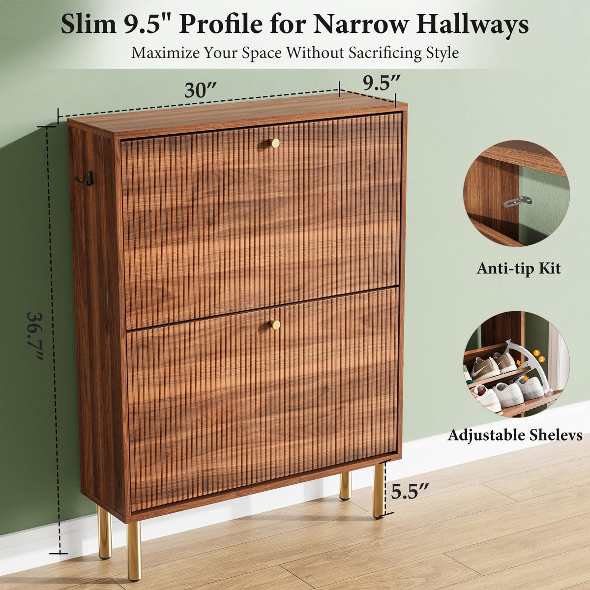 Nicetree Shoe Storage Cabinet for Entryway - 2 Flip Drawers Shoe Cabinet with Tiered Fluted Design