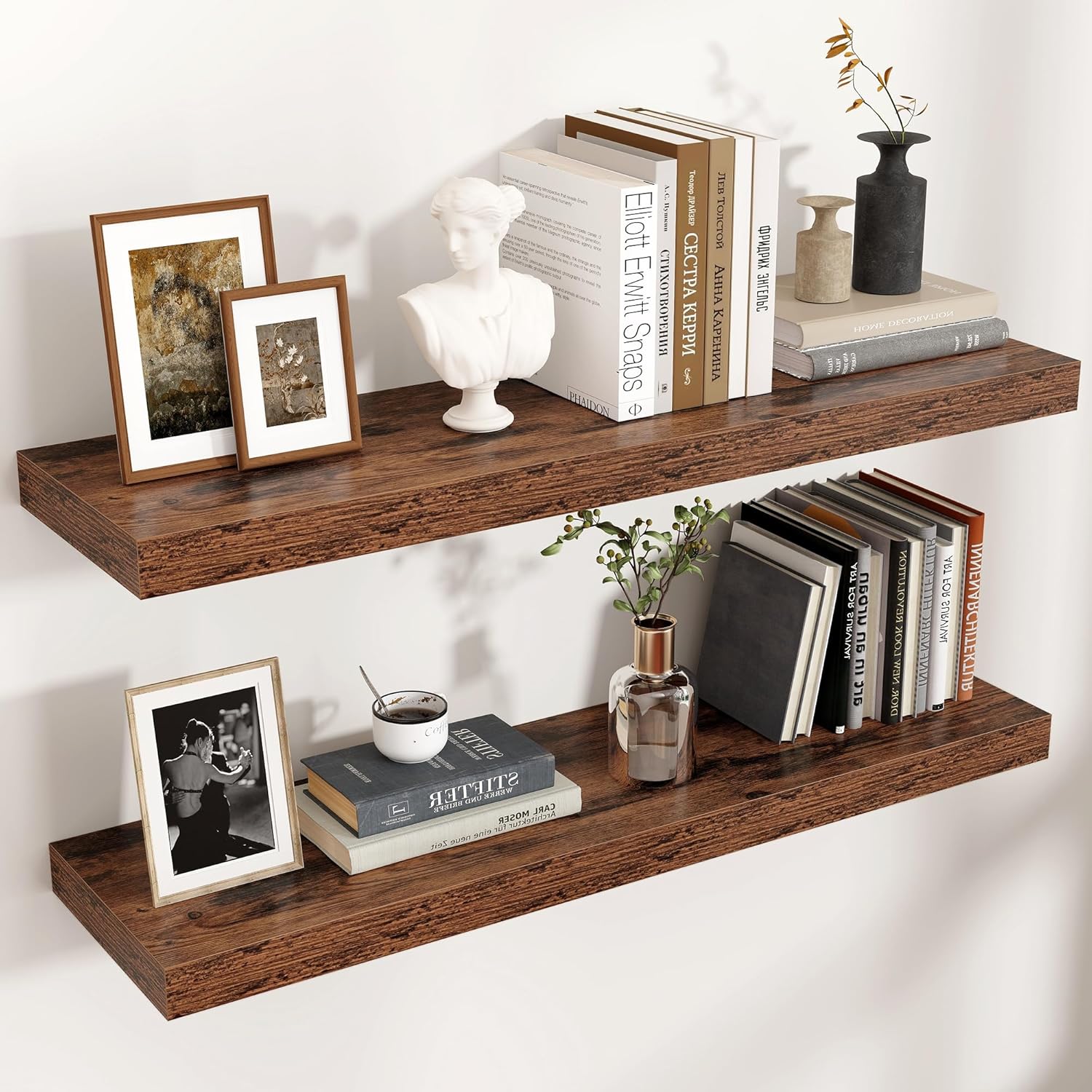 Floating Shelves - 2 Large Wall Mounted Shelves with Invisible Brackets, Long Wood Floating Wall