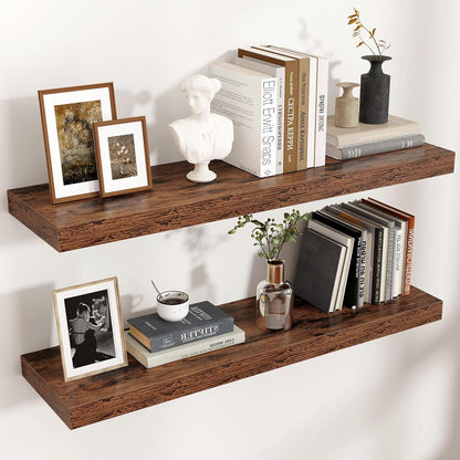 Floating Shelves - 2 Large Wall Mounted Shelves with Invisible Brackets, Long Wood Floating Wall