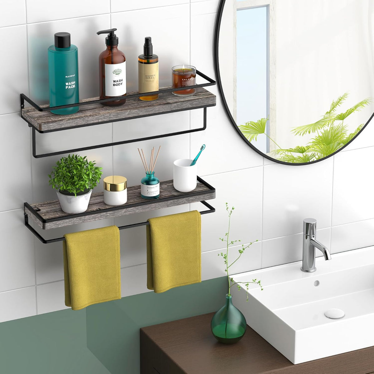 Meangood Floating Shelves Wall Mounted Set of 2, Wall Shelf with Towel Bar Rustic Wood Wall Storage