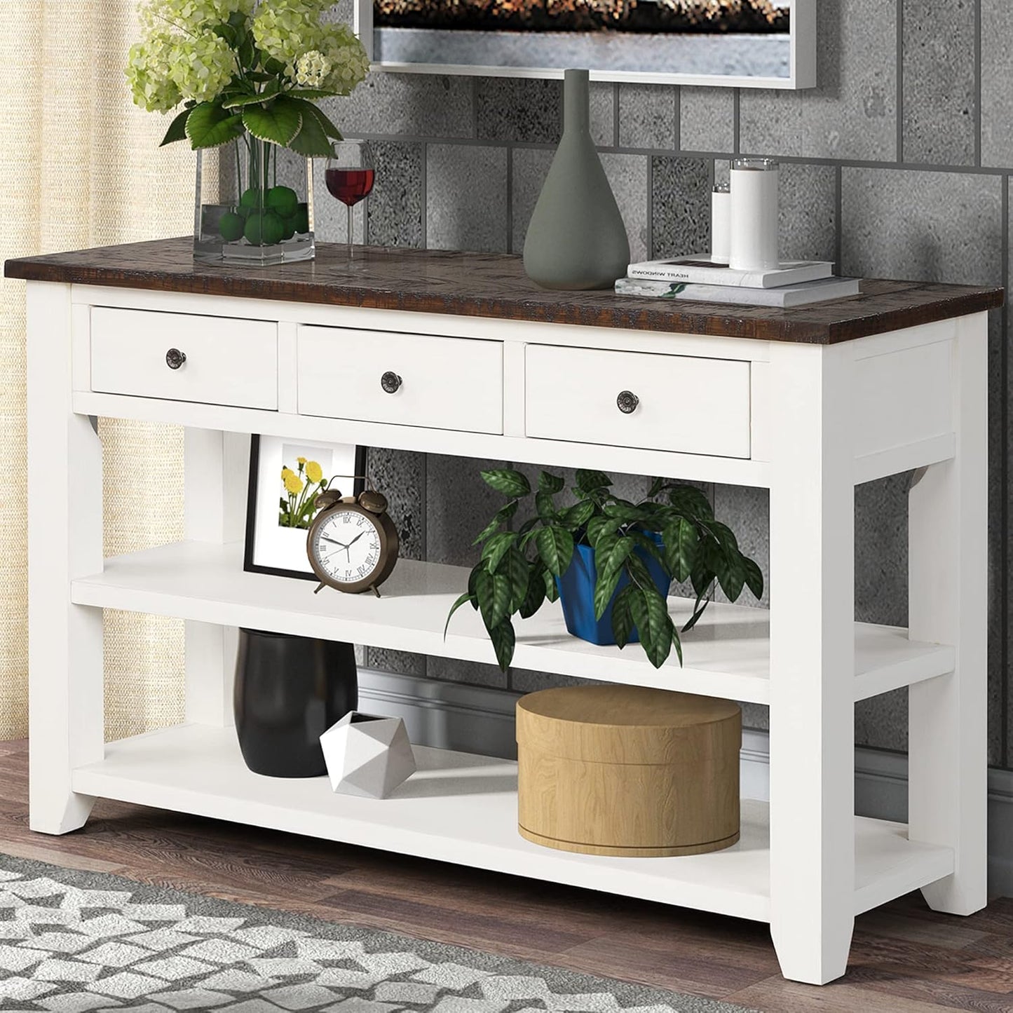 Solid Wood Console Table,Sofa Table with Storage Drawers and Bottom Shelf,Entryway Table for Entry