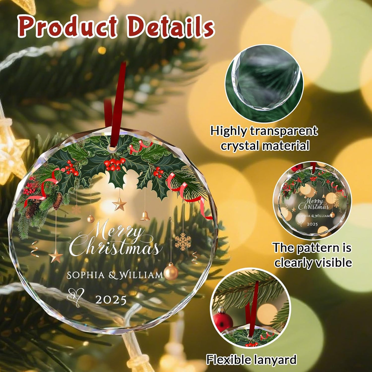 Custom Christmas Ornament Glass-Personalized Christmas Ornaments with Photo/Name/Date/Text,Wedding