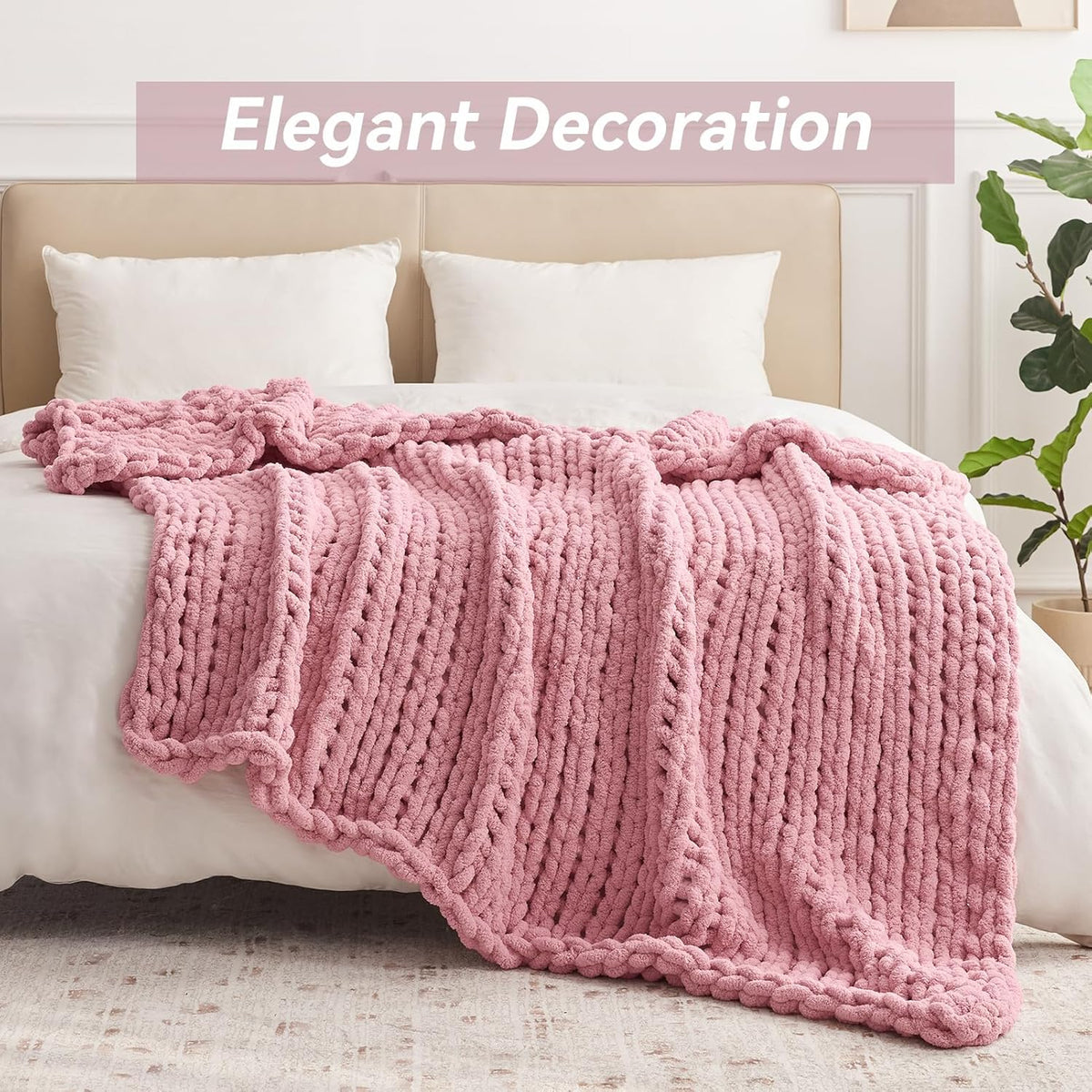 Chunky Knit Throw Blanket, 40''*50'' Knitted Throw Chenille Yarn for Bed Couch, Handmade Light Pink
