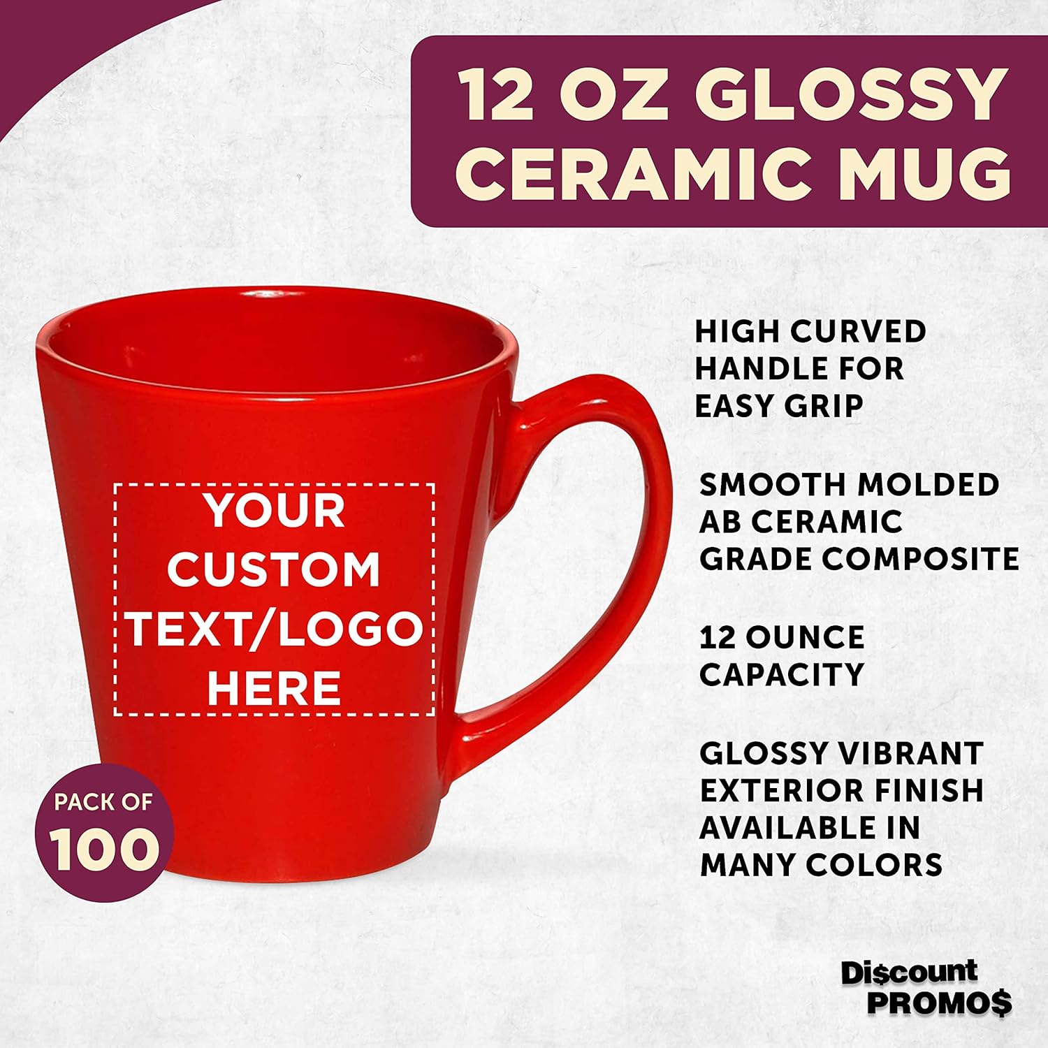 DISCOUNT PROMOS Custom Glossy Ceramic Latte Coffee Mug 12 oz. Set of 100, Personalized Bulk Pack