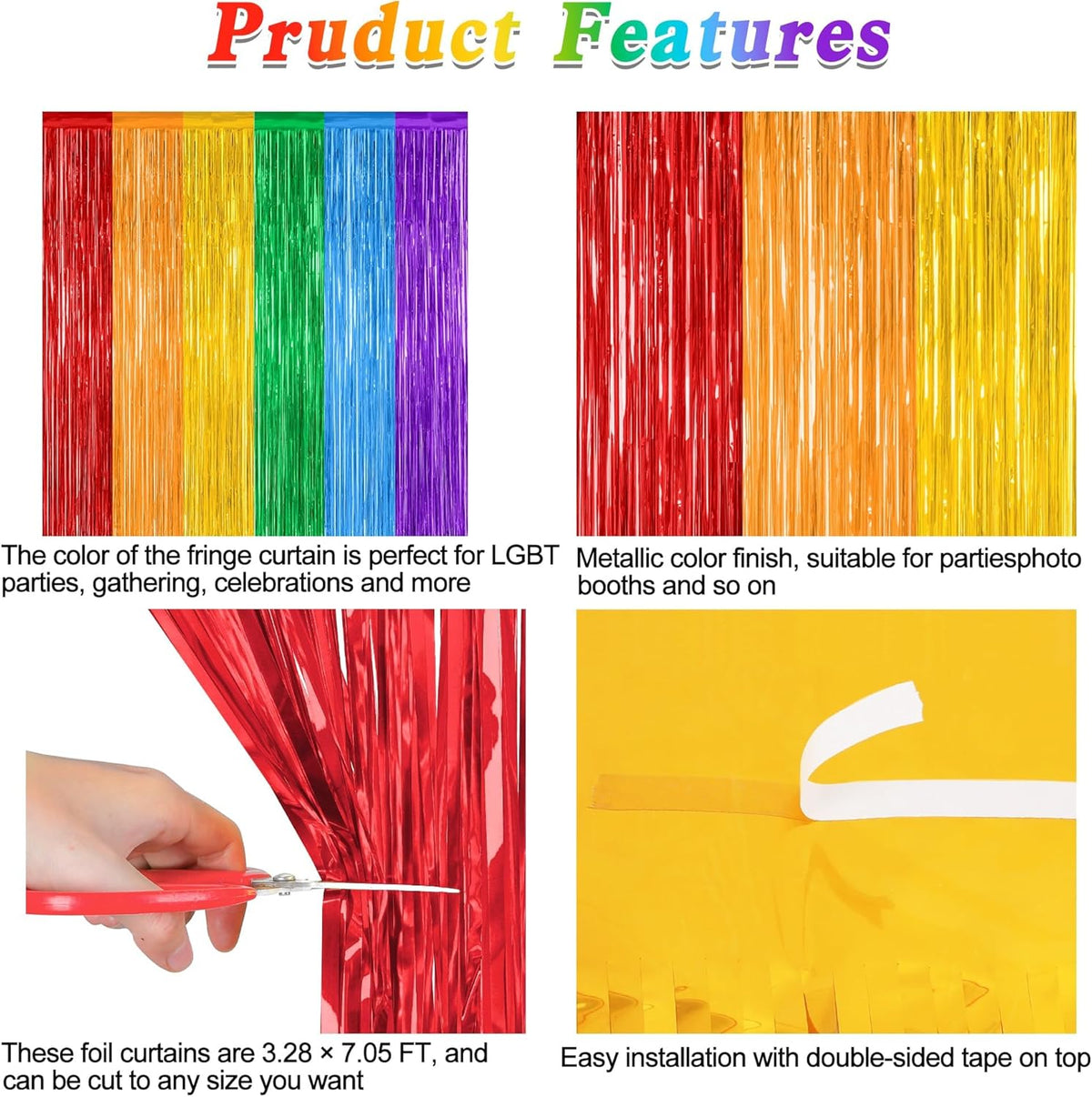 4 Pack Pride Decorations, 3.28 FT x 7.05 FT Rainbow Backdrop, Metallic LGBT Party Decor Foil Tinsel
