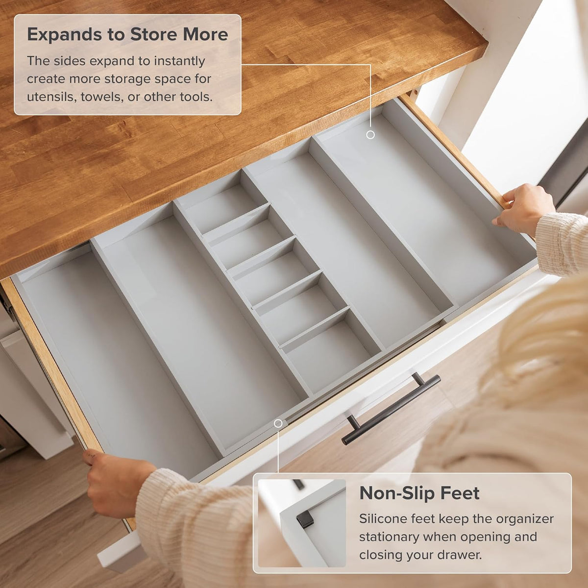 Adjustable Kitchen Drawer Organizer for Utensils and Junk, Food-Safe Contract Grade with 100%