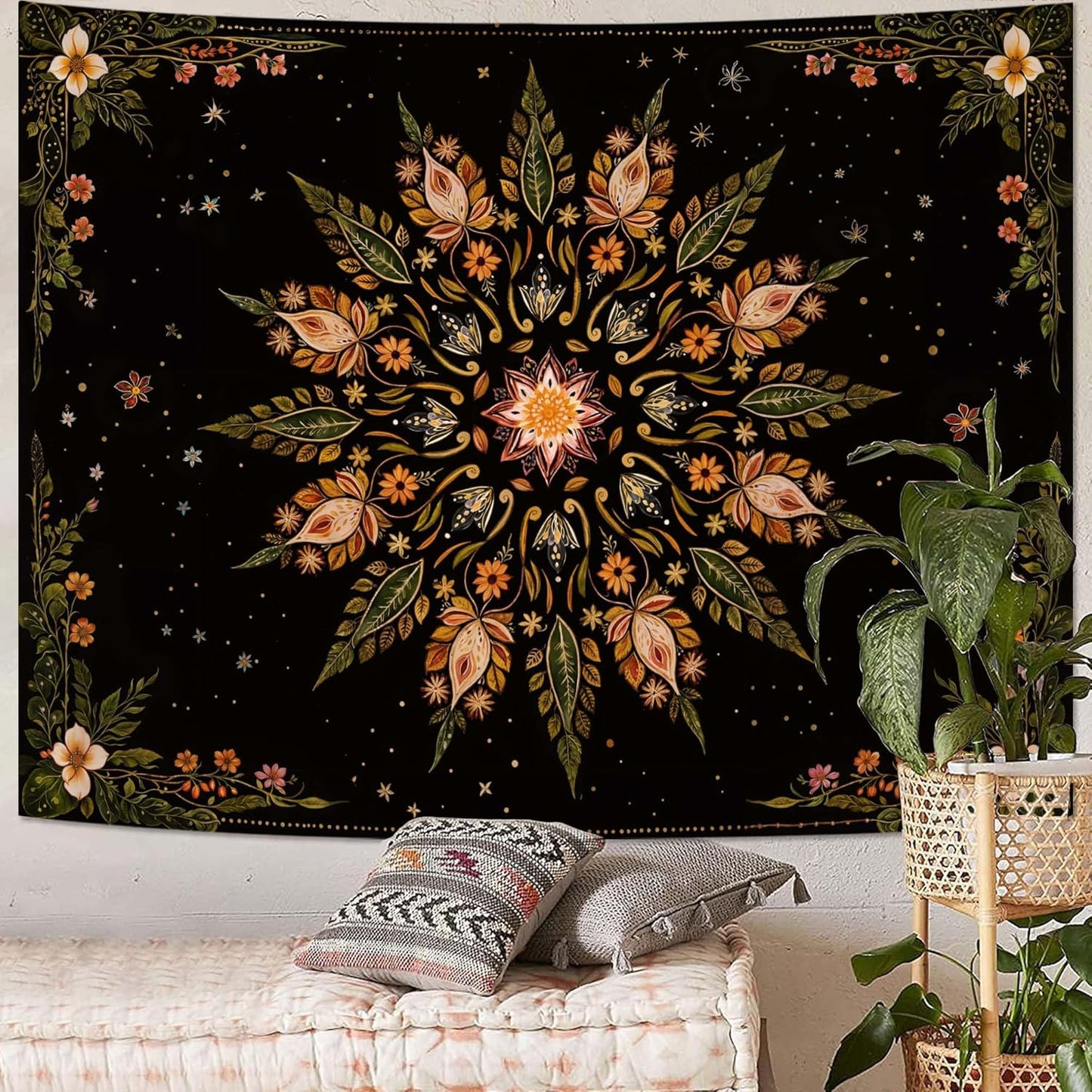 Fowocu Boho Floral Mandala Tapestry for Bedroom Aesthetic Vintage Bohemian Flower Wall Tapestry