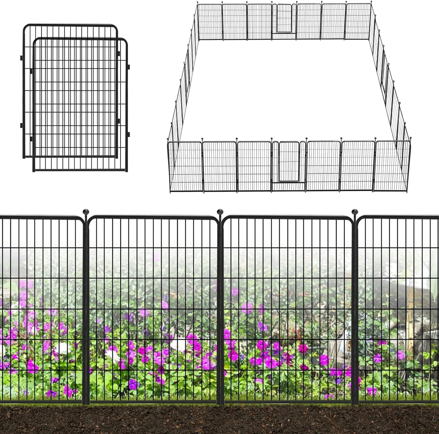 Decorative Black Metal Fencing Garden Fence with Gate, 67ft(L) 40in(H) 30 Fence Panels No Dig Fence