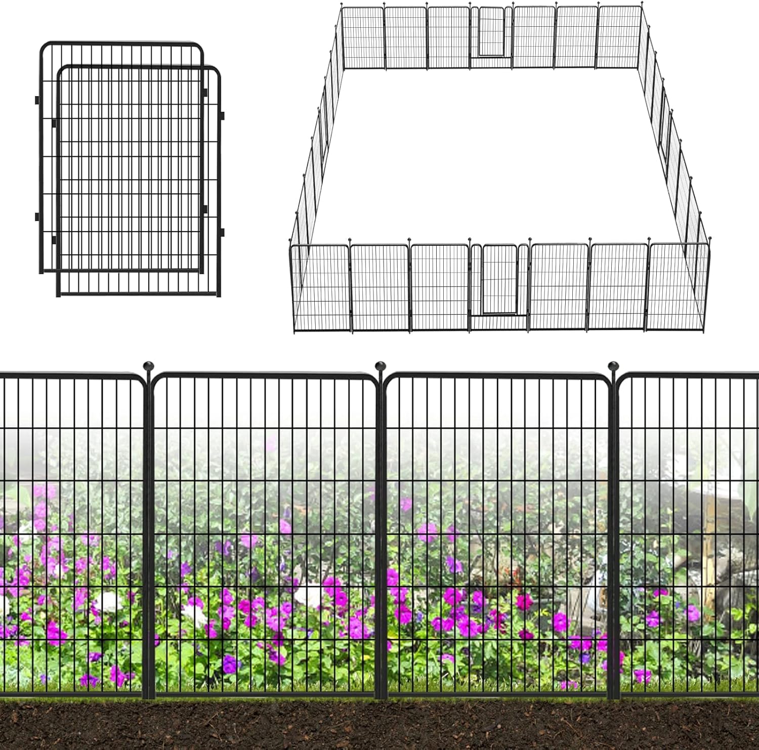 Decorative Black Metal Fencing Garden Fence with Gate, 67ft(L) 40in(H) 30 Fence Panels No Dig Fence
