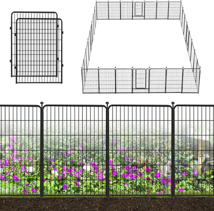 Decorative Black Metal Fencing Garden Fence with Gate, 67ft(L) 40in(H) 30 Fence Panels No Dig Fence